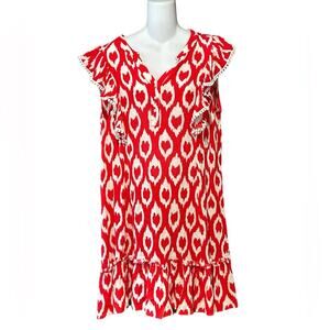 Jodifl Women’s Large Red and White Gauze like Summer Dress with Ruffle Sleeves